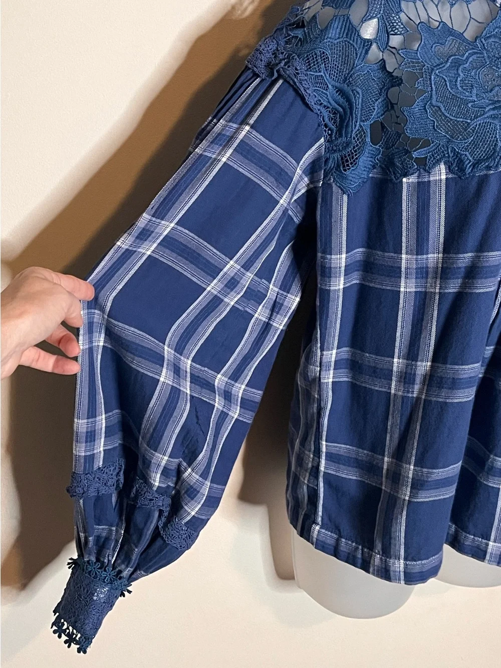 FREE PEOPLE Darling Diana Blue Plaid Lace Boho Blouse Size M